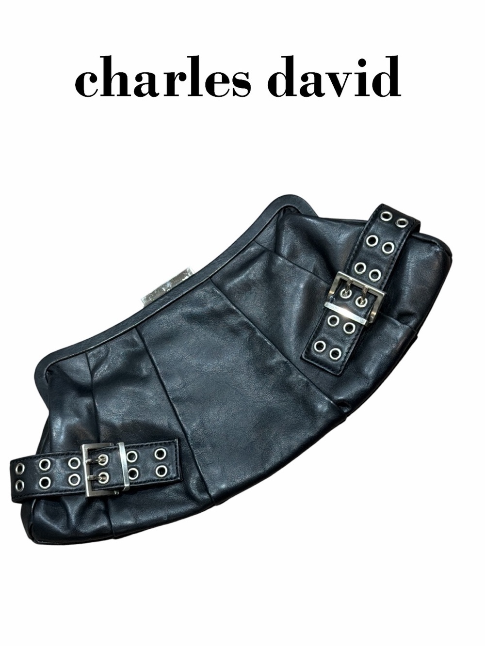 Charles‎ David Black Leather Double Buckle Clutch